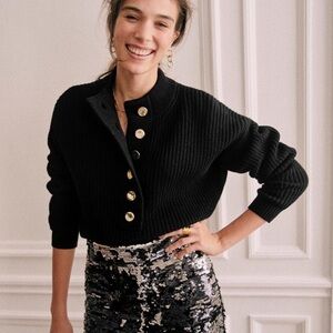 SEZANE “Lucas Jumper” 3/4 Button-Up Sweater Black with Gold Buttons